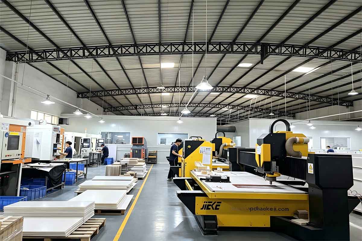 CNC machining center for acrylic, wood and plastic display manufacturing at Yuefeng Display factory
