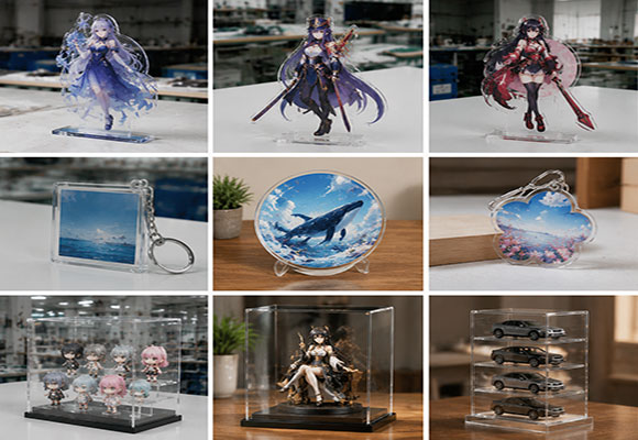 Custom acrylic anime IP standees, keychains, and collectible merchandise at Guangdong Yuefeng factory