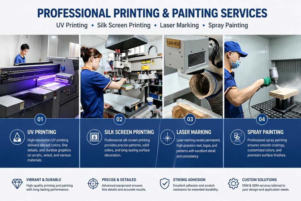 professional printing and painting services including UV printing, silk screen printing, laser marking and spray painting for custom acrylic products