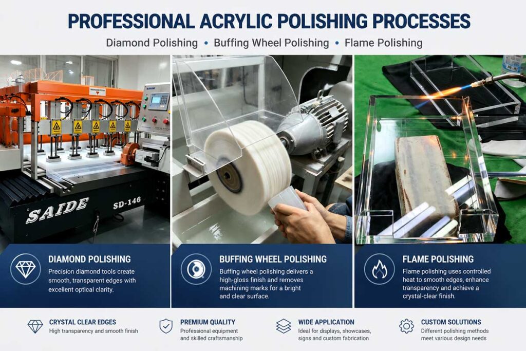 Professional acrylic polishing process including diamond polishing, buffing wheel polishing and flame polishing for custom acrylic display manufacturing