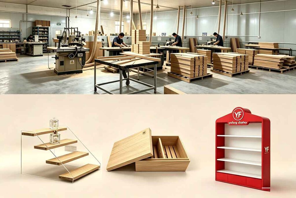 Woodworking workshop with professional equipment for custom wood display manufacturing