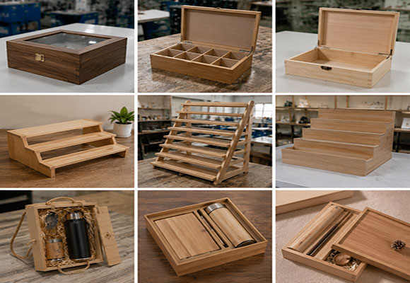 Custom wooden display boxes, packaging and accessories manufactured at Guangdong Yuefeng workshop