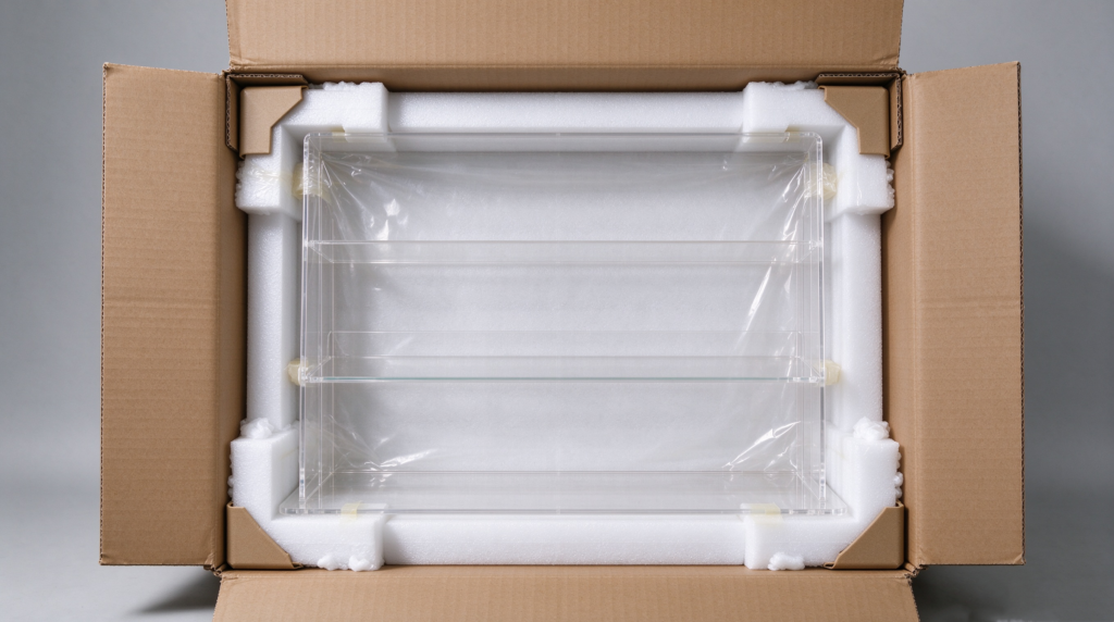 Acrylic display packaging protection with foam and corner guards