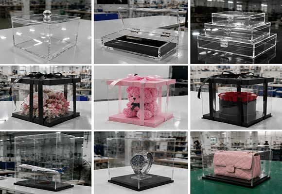 Custom acrylic packaging boxes and gift containers being quality checked at Guangdong Yuefeng factory